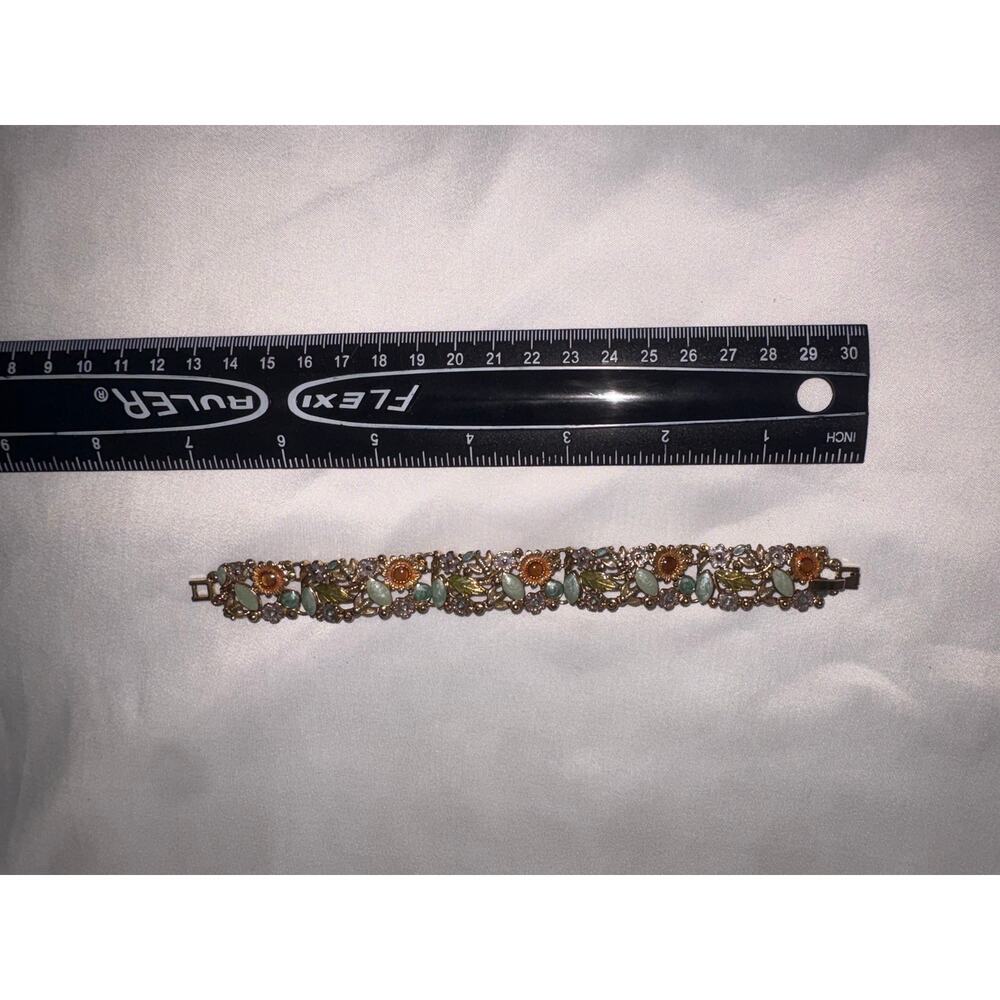 Vintage Liz Claiborne LC Gold Tone Floral Enamel Amber Rhinestone Link Bracelet